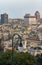 Vertical drone shot over the Genoa cityscape in Italy
