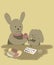 vertical easter illustration. cute bunny mom helps her baby little bunny paint easter eggs in delicate pastel colors on a yellow