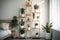 Vertical Elegance, Minimalist Scandinavian Plant Stand, 7 Ft Tall with Multiple Wood Shelves, Nestled in a Room Corner. Generative