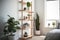 Vertical Elegance, Minimalist Scandinavian Plant Stand, 7 Ft Tall with Multiple Wood Shelves, Nestled in a Room Corner. Generative