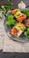 Vertical food banner. Delicious bruschettas with smoked salmon, curd cheese, avocado, basil and chia seeds. Tasty and healthy