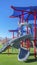 Vertical frame Colorful playground for children on a grassy terrain viewed on a sunny day