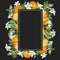 Vertical frame of hand drawn blooming orange tree branches, flowers, oranges