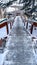 Vertical frame Stairway and road on snow covered hill amid houses and coniferous trees