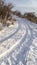 Vertical frame Vehicle trail on a hill road blanketed with white snow on a cold winter day