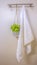 Vertical frame White towel and ornamental plant hanging on a wall rod inside a bathroom