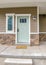 Vertical Front door and sidelight against brick wall and wood siding of home with porch