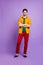 Vertical Full length body size photo of toothy beaming handsome man in red pants footwear with arms crossed isolated