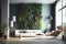 vertical garden on sunny wall in stylish interior with minimalist furniture