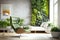 vertical garden on sunny wall in stylish interior with minimalist furniture