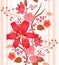 Vertical garland of red and pink garden flowers and stripes on white background. Beautiful lilies, roses and hibiscus