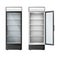 Vertical glass refrigerators showcase for drinks beverage. Fridges with glass doors open or closed
