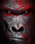 Vertical grayscale of a gorilla portrait with angry glance wand red paint splashes on its face