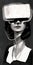 Vertical grayscale of a vintage woman in 1960s style wearing a VR headset