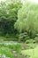 Vertical green trees, bridge, flowers in park