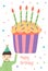 Vertical greeting card template with Happy Birthday wish, cute boy holding giant cupcake decorated with candles and