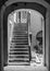 Vertical greyscale shot of concrete stairs inside an ancient building