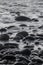 Vertical greyscale shot of pebbles in the water of the sea