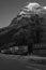 Vertical greyscale shot of wagons with a mountain in the background