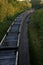 Vertical high angle shot of an empty coal train surrounded by green trees