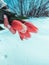 Vertical high angle shot of a female palm holding three fresh pink tulips above the snow ground