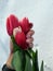 Vertical high angle shot of a female palm holding three fresh pink tulips above the snow ground