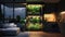 A vertical hydroponic garden inside a modern apartment, glowing with LED lights, showcasing urban farming solutions