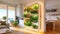 A vertical hydroponic garden inside a modern apartment, glowing with LED lights, showcasing urban farming solutions