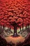 Vertical illustration with a big autumn tree with red leaves in the forest. Cover art. Generative AI