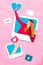 Vertical illustration collage of young blogging woman inside instagram frame popular account thumb up feedback isolated