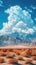 vertical illustration of desert landscape in front and mountains in background with blue cloudy sky