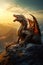 Vertical image of an angry medieval gray dragon on mountain rocks against the backdrop of sunrise