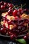 vertical image closeup of a piece of tasty homemade sweet cherry pie on rustic background