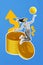 Vertical image collage of happy cheer girl jump stack coin arrow up success forward profit income rich aim isolated on