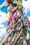 Vertical image, colorful ribbons and hungarian flag ribbons