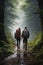 Vertical image of a couple of hikers walk through the forest in rainy weather.