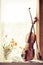 Vertical image of flowers and violin with sheet music  the front of the fiddle on windows background