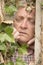 Vertical image of a mature man spying through an ivy plant