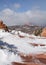A vertical image of windblown snow on and around the hoodoos in a little place in Southern Utah called Hoodoo city
