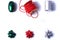 Vertical isolate of ribbons and bows in three colors - green, white and red. Ribbons for gift wrapping. Flat lay