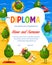 Vertical kids diploma, cartoon avocado characters