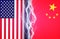 Vertical lightnings between flags of USA and China. Concept of crisis between Washington and Beijing