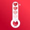 Vertical Love thermometer Valentines Day card element vector illustration with lettering. Paper cut heart balloons