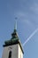 Vertical low angle shot of the clocktower of the Church of St. Jacob in Brno, Czech Republic