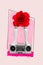 Vertical magazine photo collage of young girl feet standing on retro music recorder flower body isolated on pink drawing