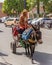 Vertical of a man riding a donkey-towed cart in the streets of Marrakech, Morocco