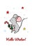 Vertical Merry Christmas and Happy New Year greeting card with a cute mouse. Hand drawn vector illustration