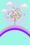 Vertical mint color banner with place for text in very peri color rainbow with childish paper cut out applique blossoming cherry-t