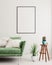 Vertical mock up poster frame in olive green modern interior background, living room, Scandinavian style