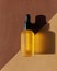 Vertical mockup of dropper oil bottle, double diagonal background. Banner, poster, central composition. Yellow cosmetic, serum,